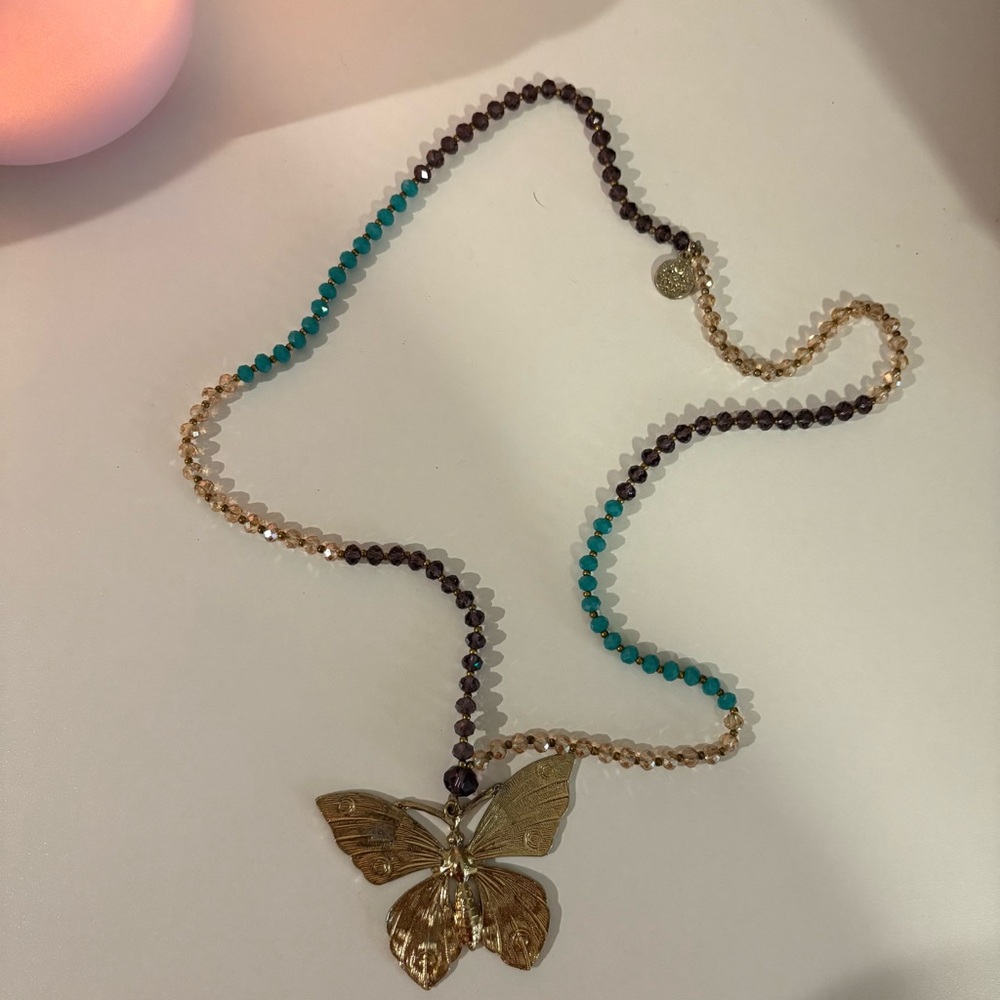 Gold Butterfly Pendant Beaded Necklace in Turquoise, Brown, and Champagne
